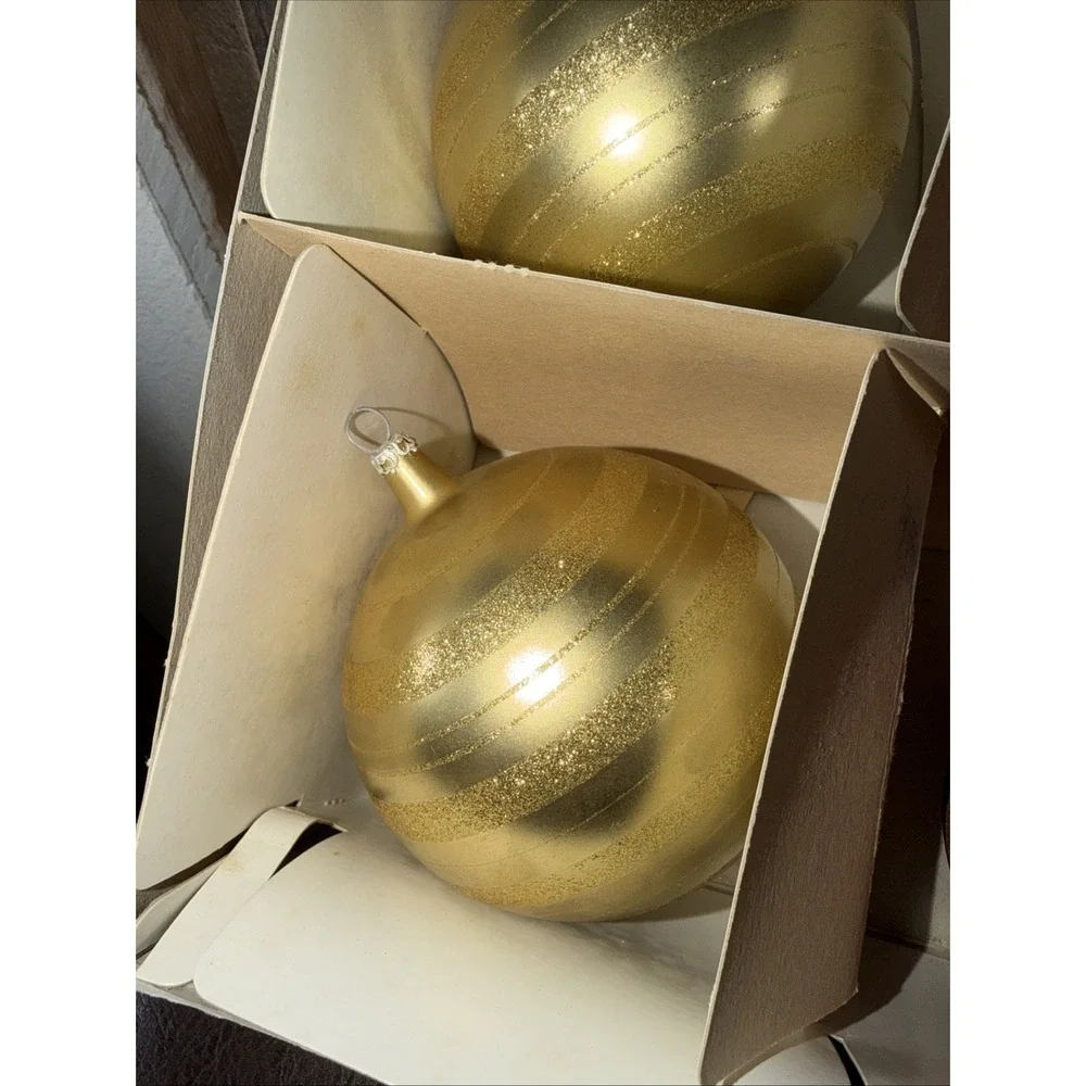 Christmas Ornaments Set of 4 Glitter Red & Gold,  3 Teardrop Swirls Blown Glass
